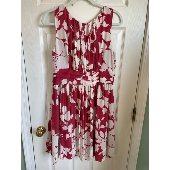 Talbots Swing Dress Sz 14P Floral Red Cream Ruching Chiffon Lined Feminine Girly - Picture 4 of 11